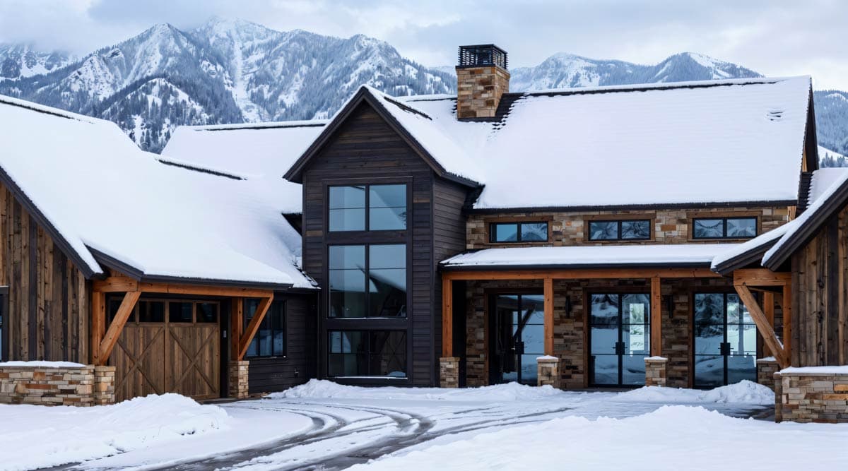 A large, modern home sits at the base of snowy mountains. The house is covered in snow, with a rustic wood exterior and large windows.