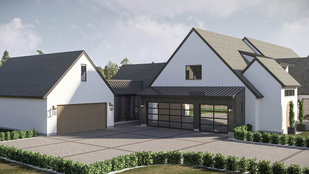 House plan exterior with modern gables, dark metal roof, two-car garage with glass doors, and attached single-car garage.