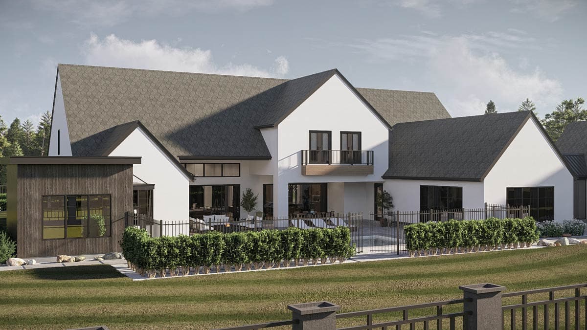 Modern house plan exterior with multiple gables, a balcony, dark trim windows, and a dark wood facade section.