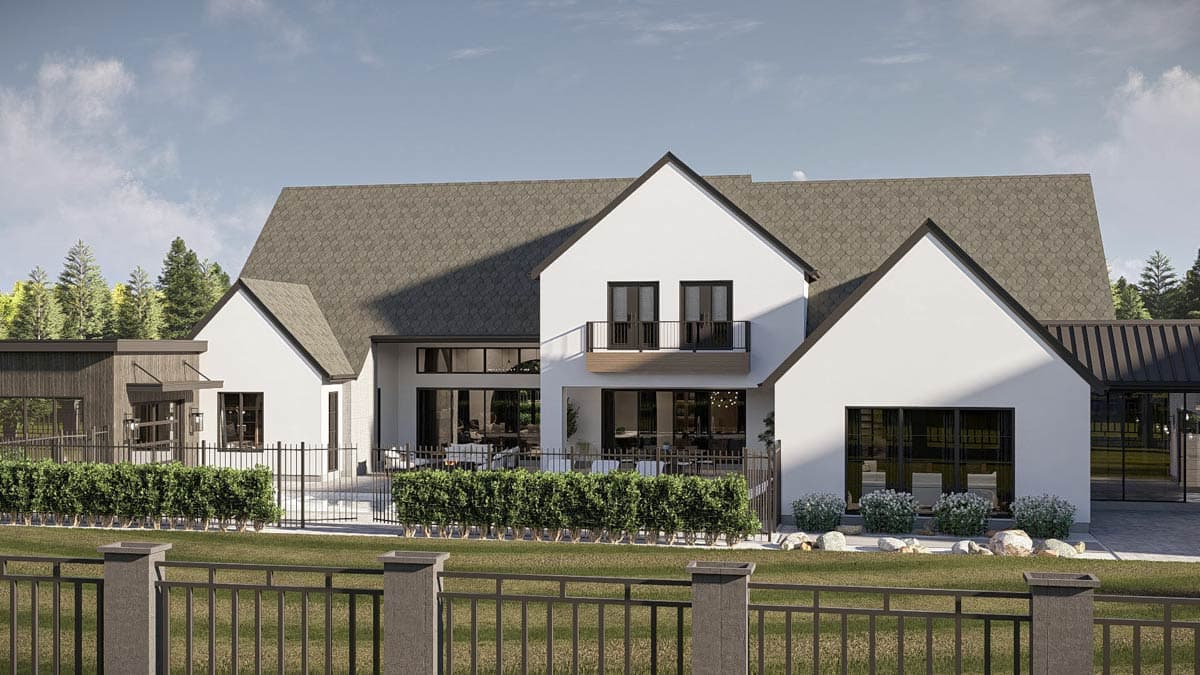Modern house plan exterior: two stories, white stucco, dark-framed windows, prominent gables, and a second-story balcony.