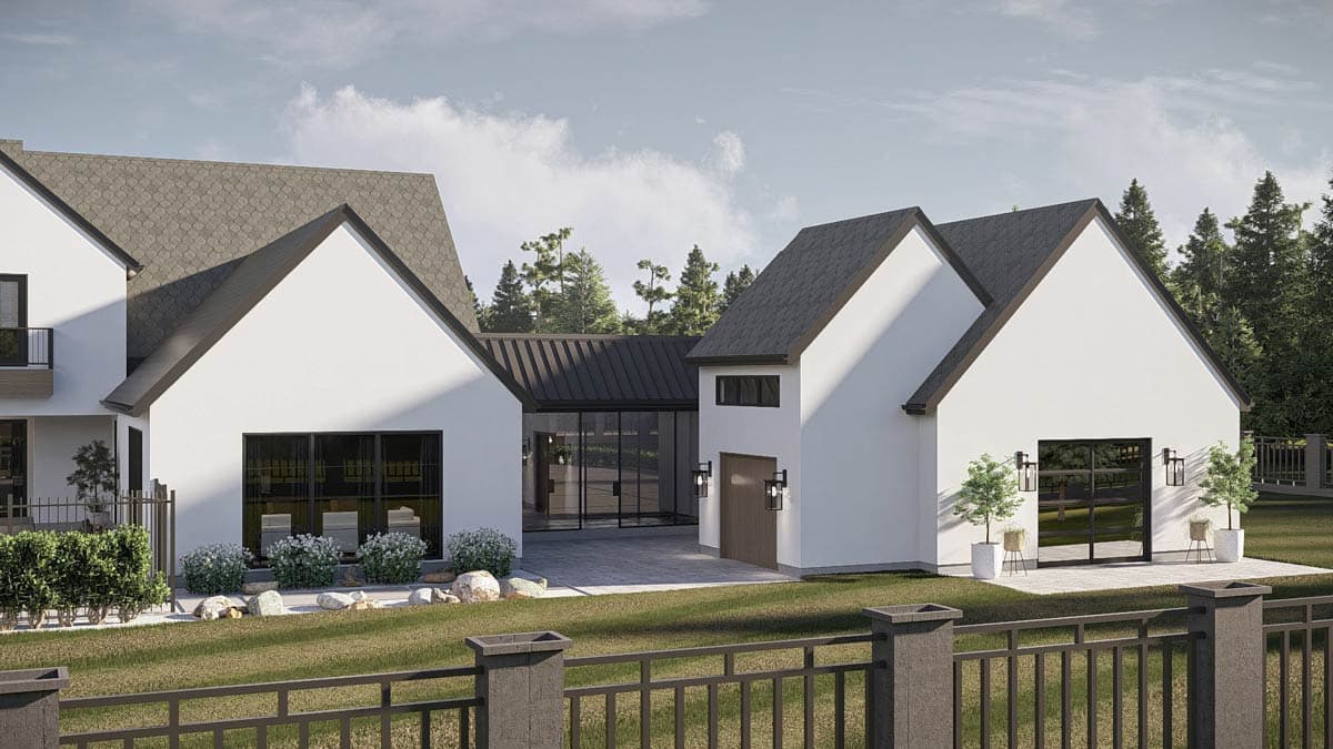 House plan exterior: Modern Farmhouse style, white stucco, gabled rooflines, two-car garage, and large glass doors.