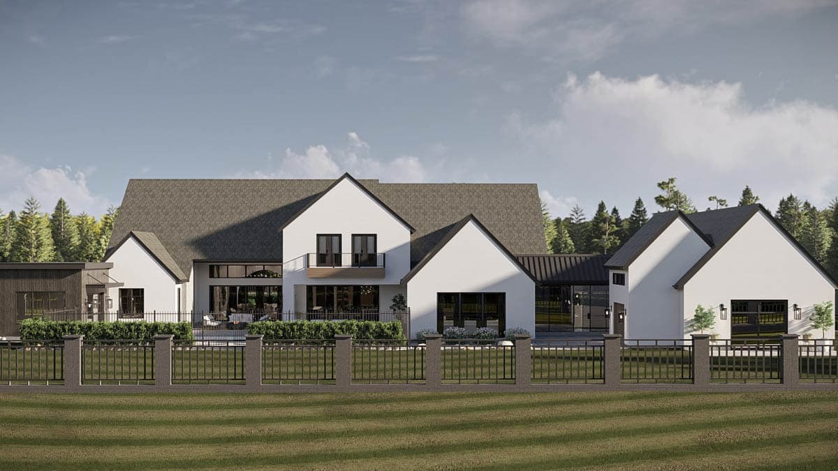 Modern Farmhouse house plan exterior with gables, balcony, large windows, and attached garage.
