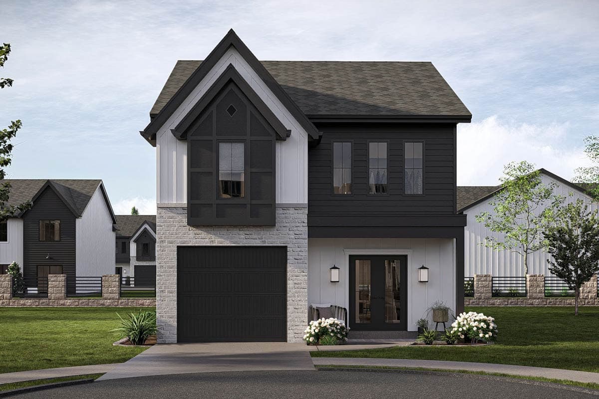 House plan exterior featuring Modern Farmhouse style with two stories, a two-car garage, and gable roof. Includes a front entry door with sidelights.