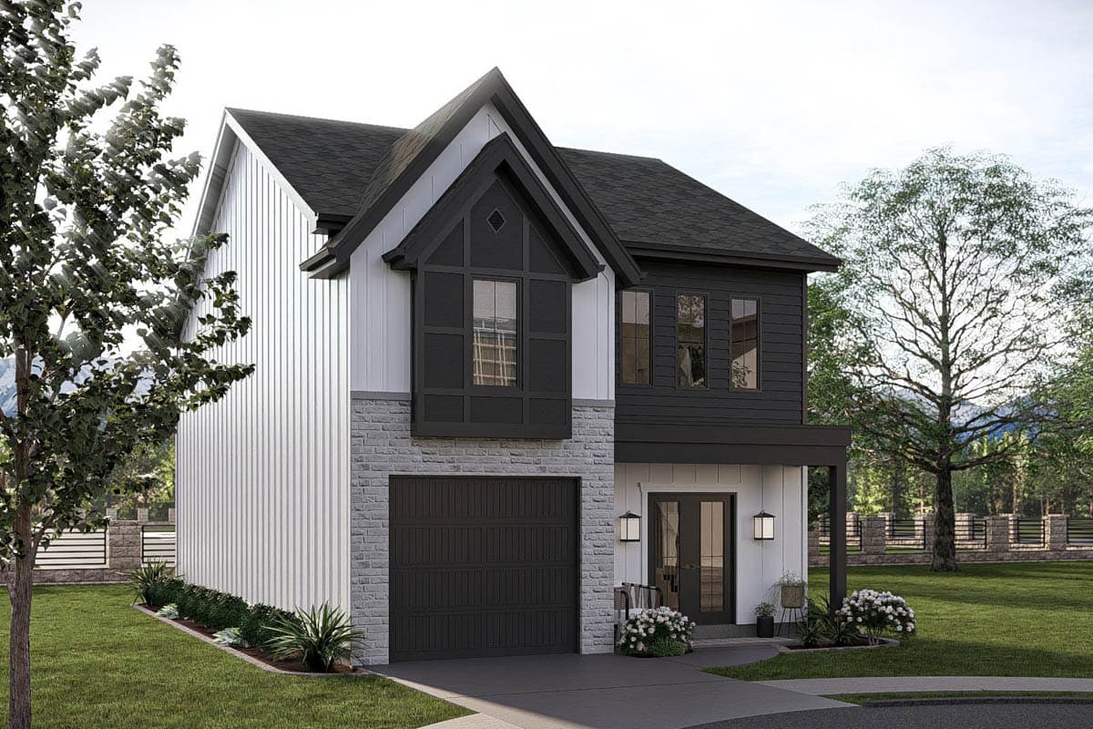 House plan exterior with vertical siding, stone base, prominent gables, bay window, and covered entry.