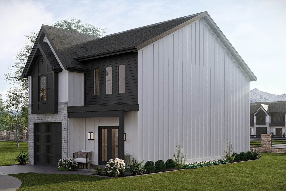 Two-story Modern Farmhouse exterior with gable, board and batten siding, and front-facing garage.