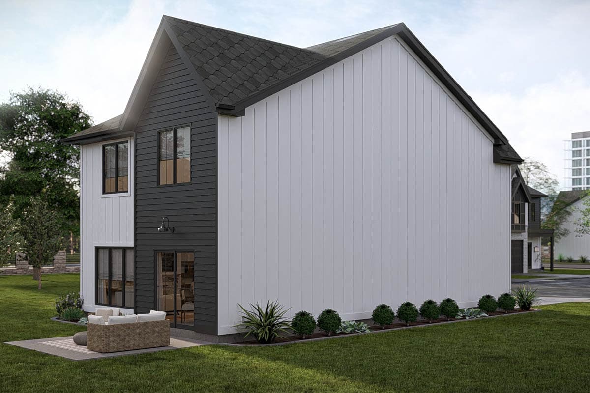 House plan exterior: Two-story Modern Farmhouse with dark gable roof, vertical siding, and large windows. Patio with furniture visible.