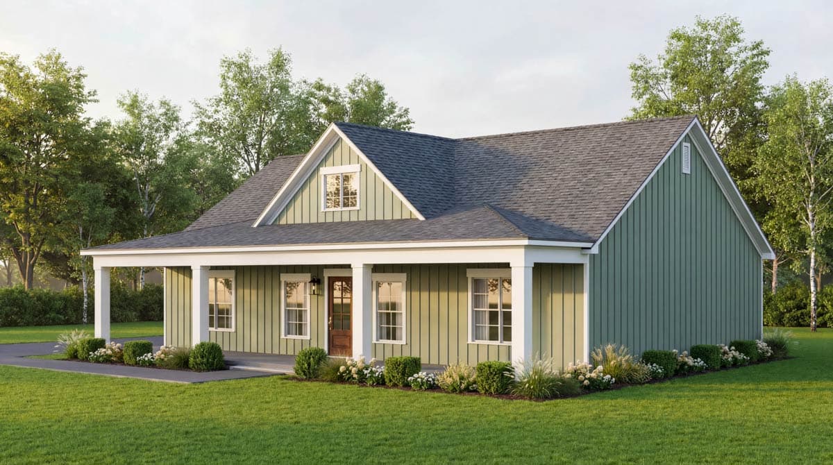 House plan exterior: Single-story Modern Farmhouse with a covered front porch, gables, and vertical siding.