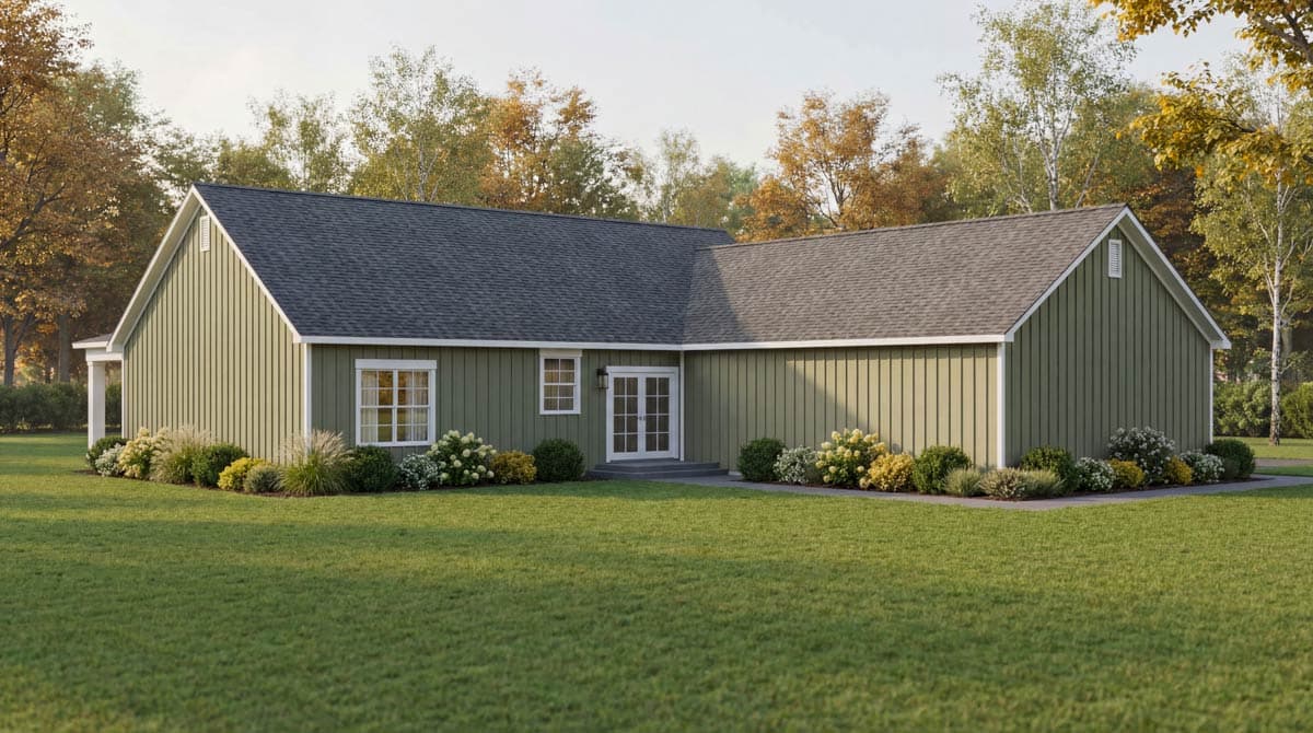 House plan exterior with light green vertical siding, gambrel roof, and double front doors. Ranch style, one story.