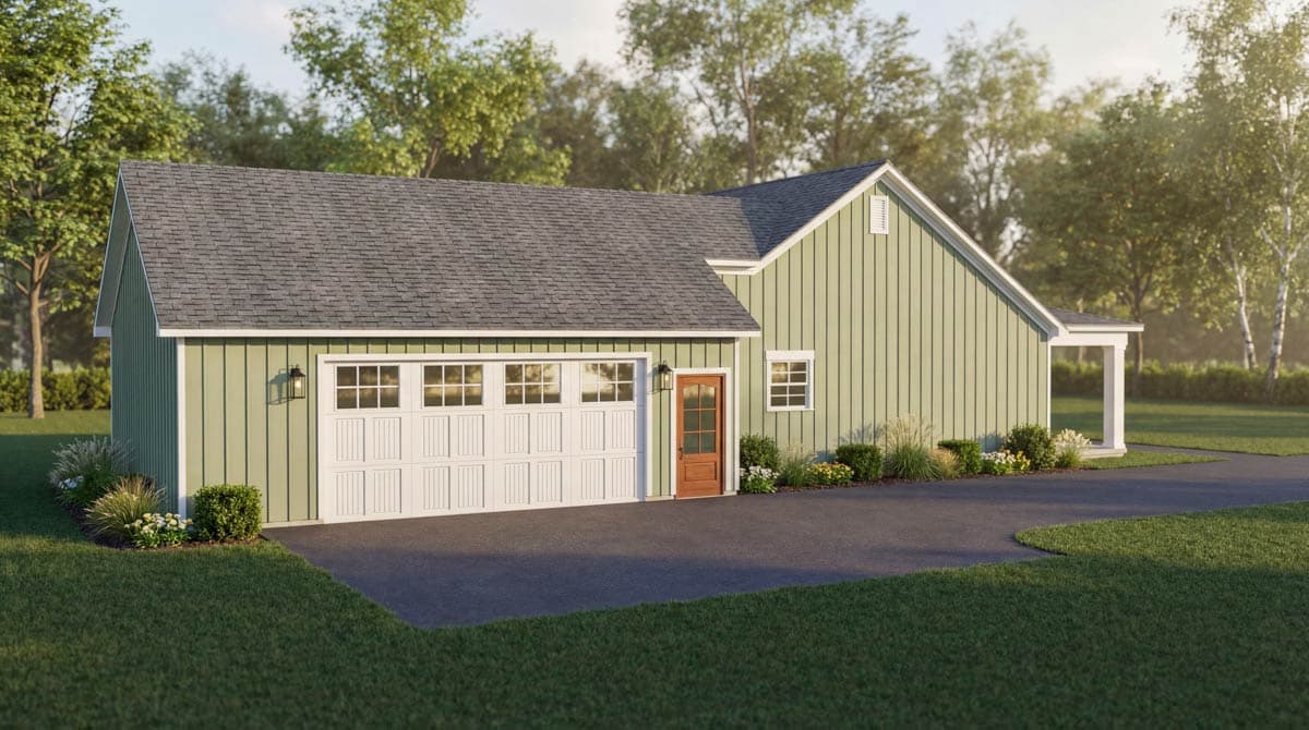 House plan exterior featuring a single-story Modern Farmhouse design with a gable roof, vertical siding, a large garage door, and a covered entry.