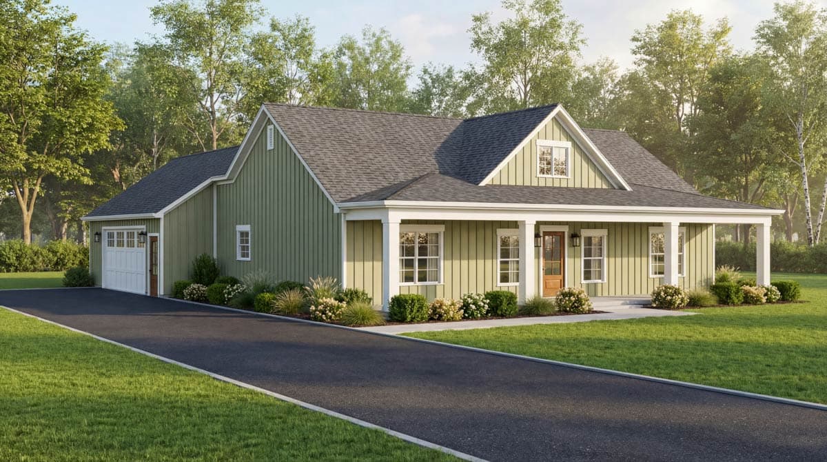 House plan exterior: One-story Modern Farmhouse with a covered front porch, gables, vertical siding, and a detached garage.