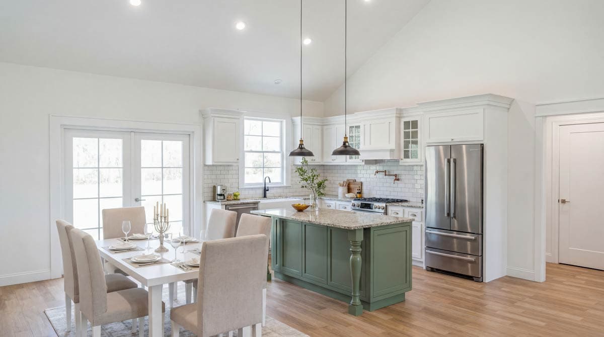 Interior view of kitchen with vaulted ceiling, island, white cabinets, subway tile backsplash, and dining area.