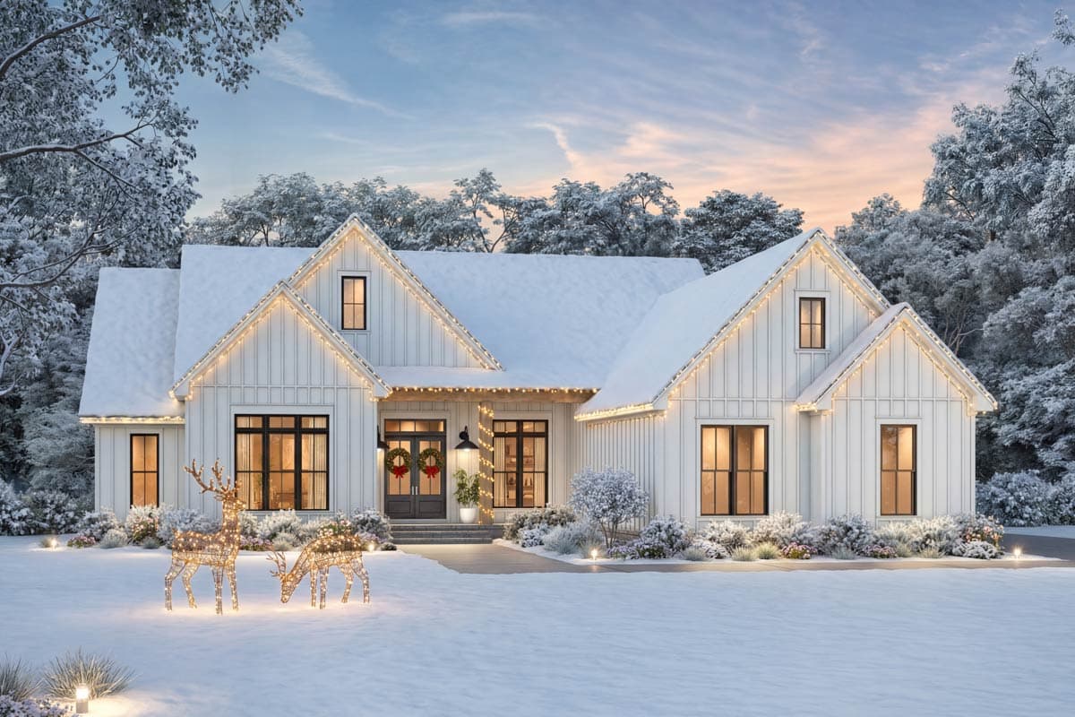 A snowy, white farmhouse decorated for Christmas, lit up with string lights and featuring illuminated reindeer statues in the yard.