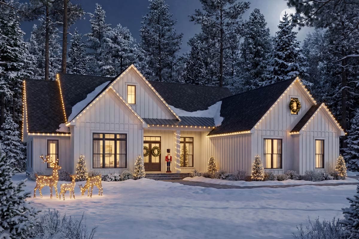 A snowy, illuminated house at night. Decorated with lights, wreaths, and deer figurines for Christmas. Trees fill the background.