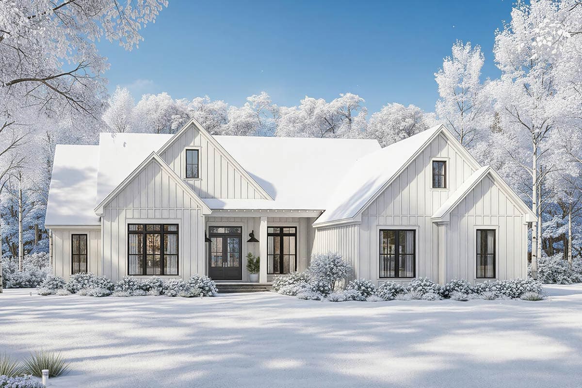 A white farmhouse covered in snow, contrasted by dark window frames, sits in a winter landscape with frosted trees and a clear blue sky.