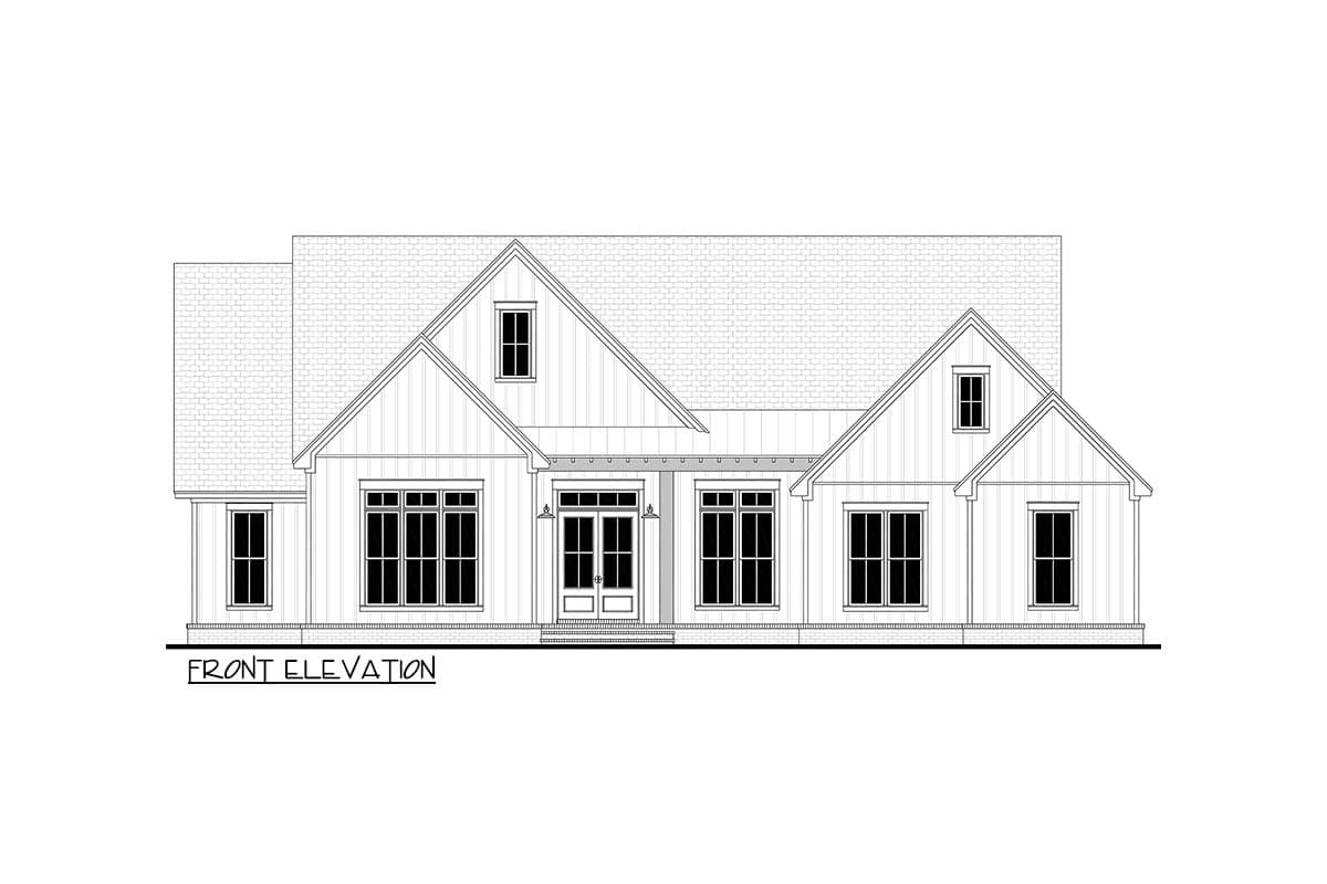 A front elevation architectural drawing of a house. The black and white illustration shows a gable roof and windows of varying sizes.