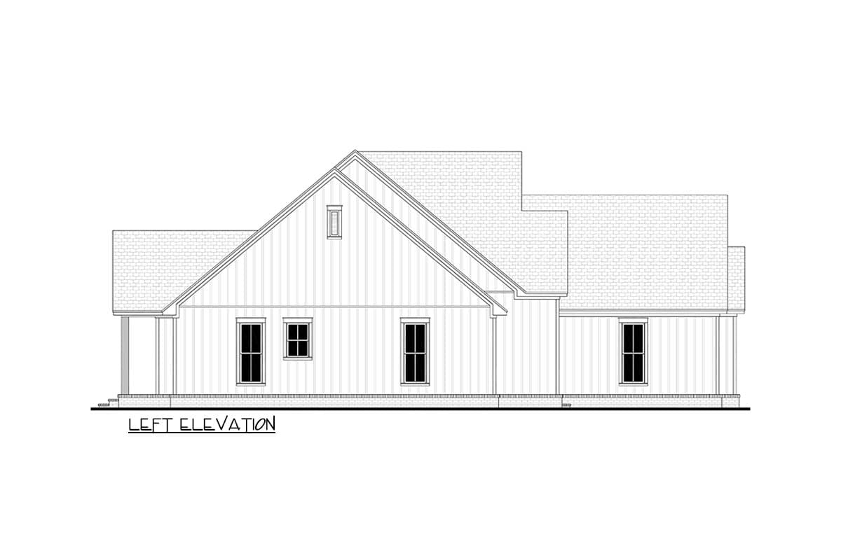 A line drawing depicts the left elevation of a house. It has a gabled roof, multiple windows, and a porch, all in a minimalistic style.