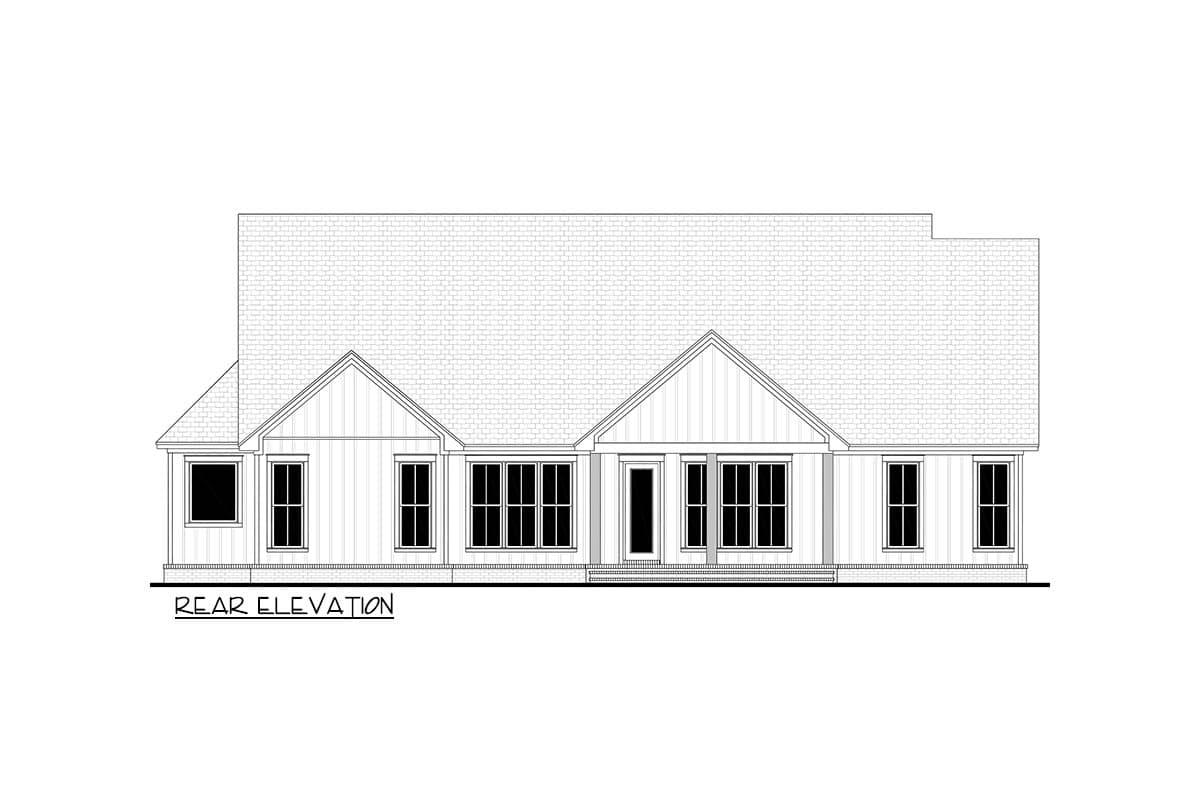 A black and white architectural rendering of a house's rear elevation. Multiple windows and a central door are present, with a symmetrical design.