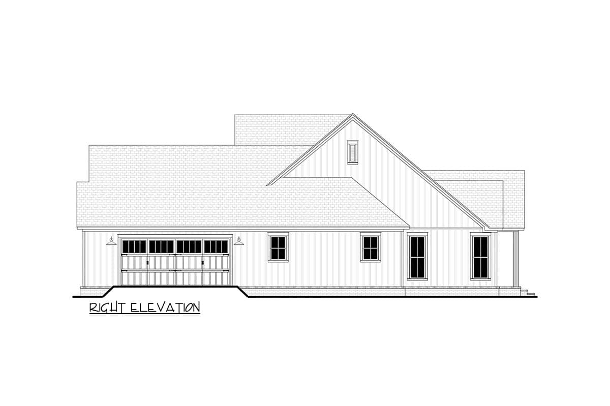 Architectural rendering of a house's right elevation, showing a garage, multiple windows, and a gabled roof. The label reads, 'Right Elevation.'