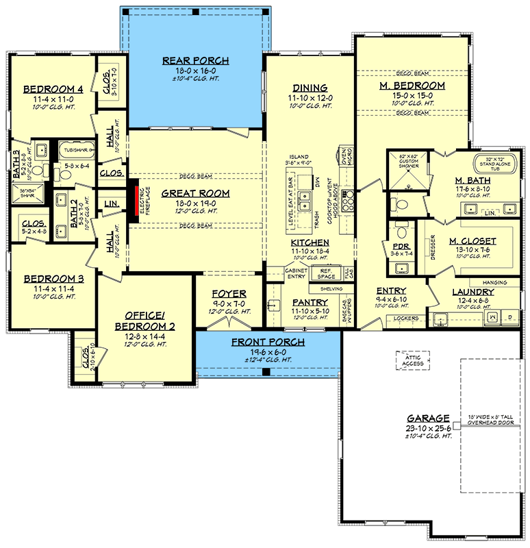 Plan 52022HZ: Charming Modern Farmhouse House Plan: 4 Beds, Split Layout, Large Porches - Floor Plan - Main Level - Country, Modern Farmhouse, Southern