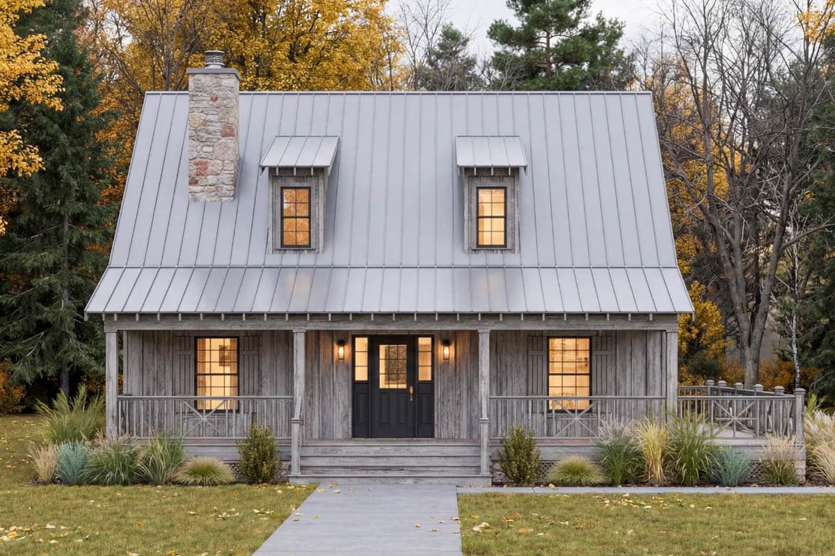 House plan exterior featuring a two-story farmhouse style with a metal roof, front porch, stone chimney, and two dormers.