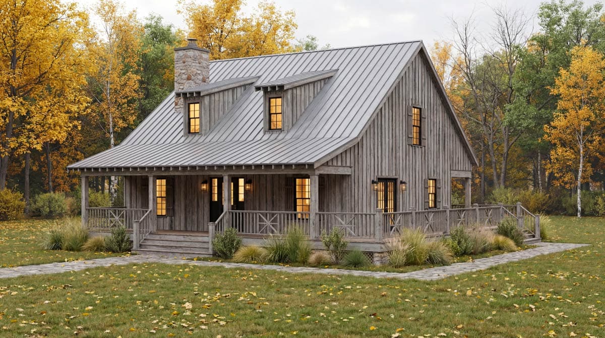 Modern farmhouse house plan exterior with gabled dormers, wrap-around porch, and stone chimney.