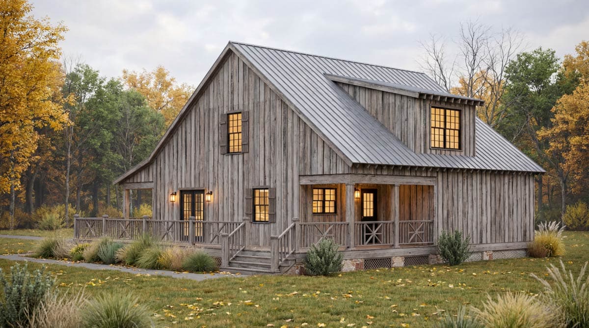 House plan exterior of a two-story Modern Farmhouse with board-and-batten siding, metal roof, gables, and a wraparound porch.