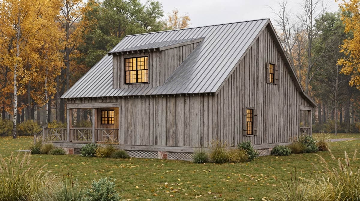 House plan exterior: Two-story Modern Farmhouse with metal roof, front porch, gable dormer, and vertical wood siding.