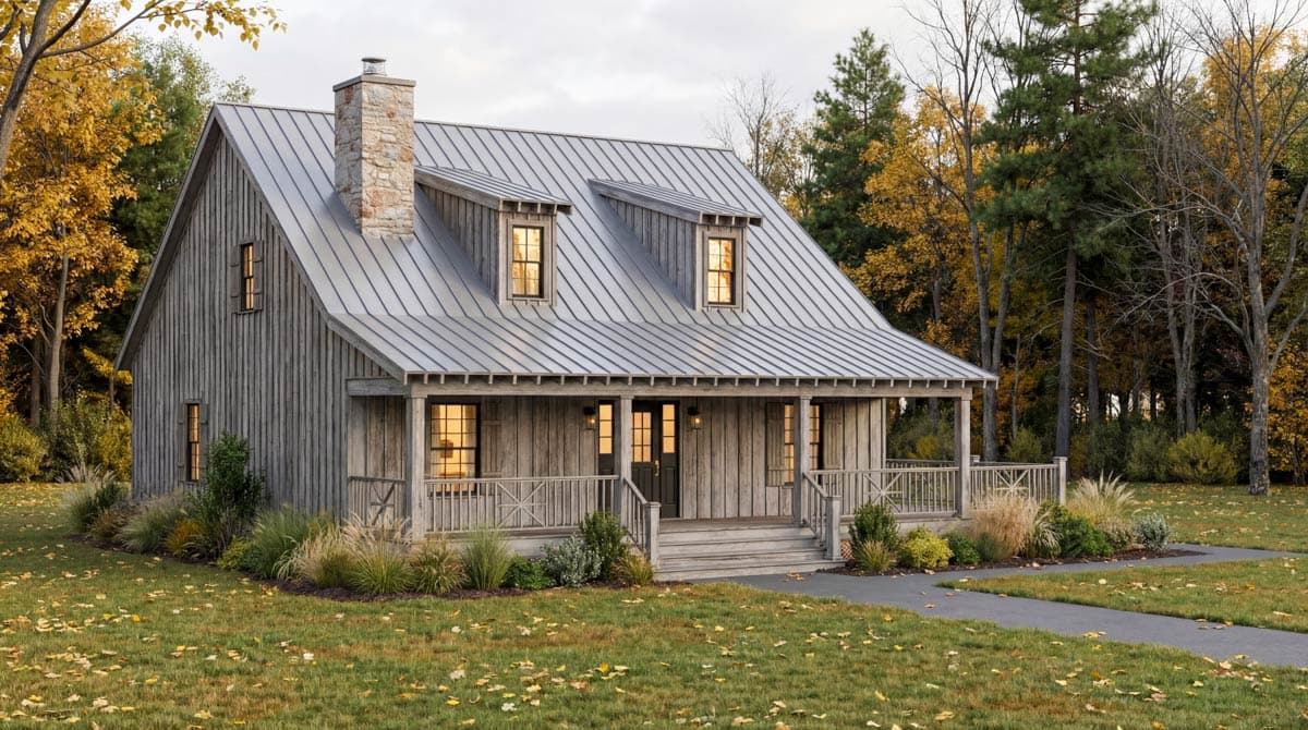 House plan exterior: Modern Farmhouse, two stories, metal roof, stone chimney, covered porch with railing, dormer windows.