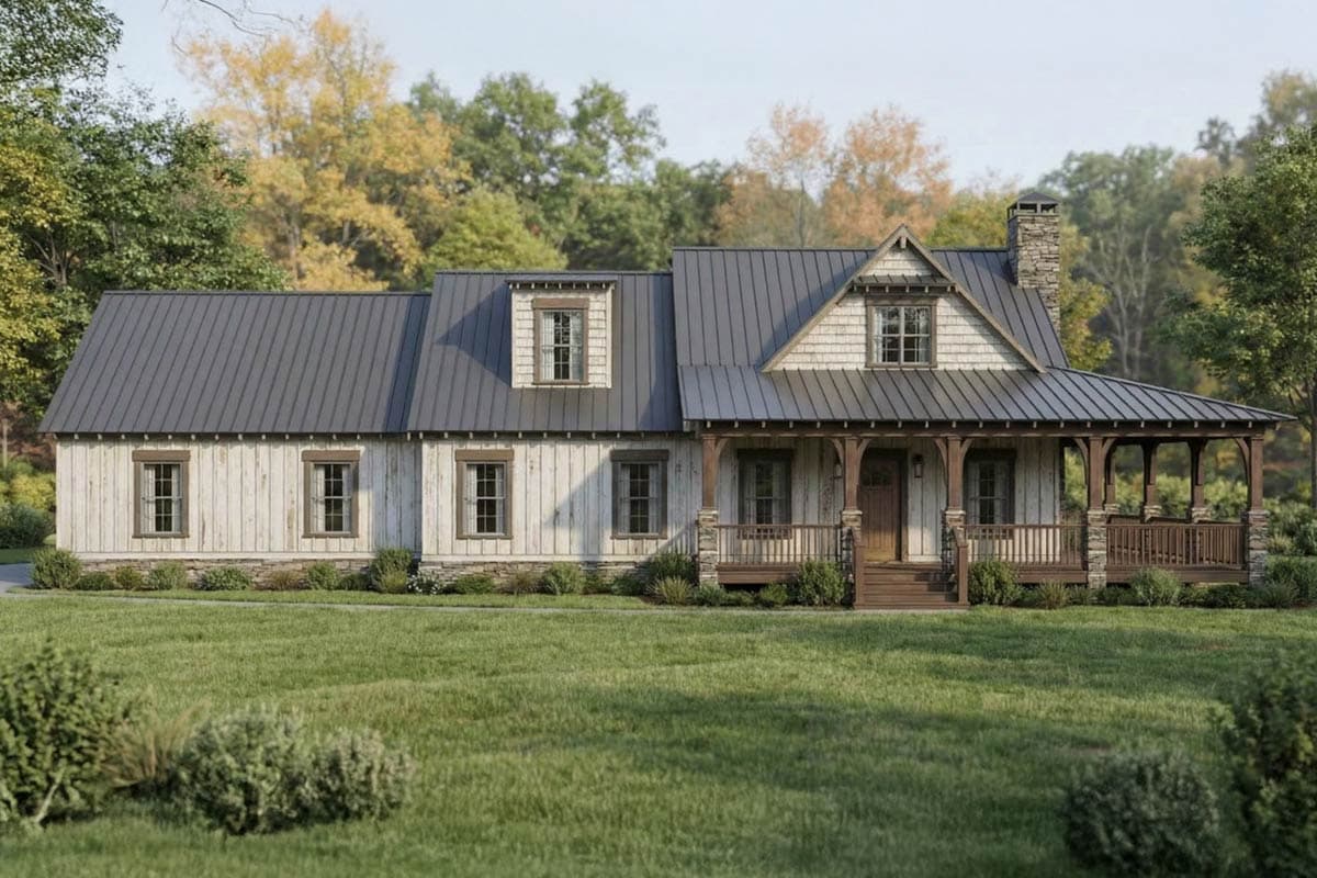 House plan exterior featuring a metal roof, front porch, and dormer windows. The design has a farmhouse style and a stone chimney.
