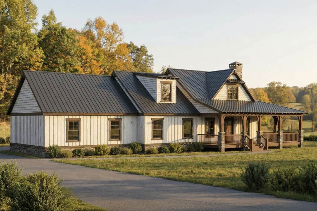 House plan exterior: Modern Farmhouse style, one-story, with a wraparound porch, metal roof, dormer, and board-and-batten siding.