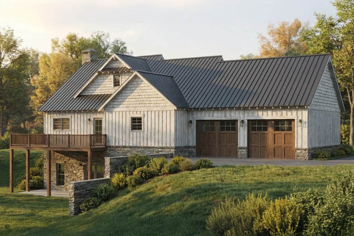 House plan exterior with Modern Farmhouse style, metal roof, board and batten siding, stone foundation, and two-car garage.