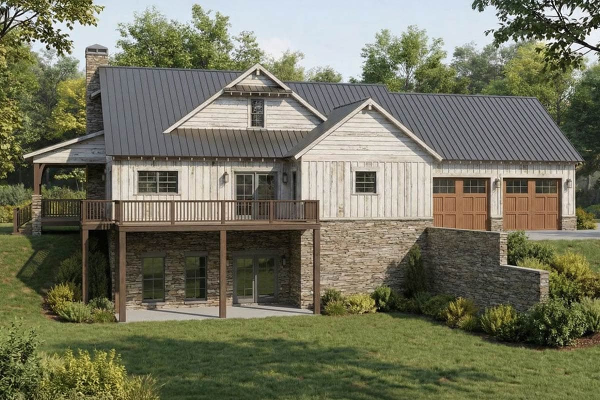 House plan exterior with stone base, wood siding, metal roof, upper deck, and a three-car garage.