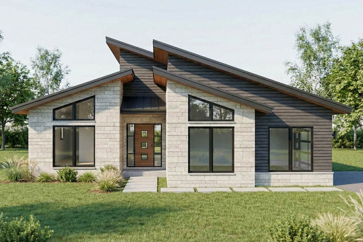 House plan exterior. Modern style, one story, featuring a shed roof, contrasting siding, and asymmetrical windows.