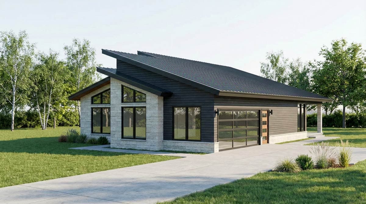 Modern house plan exterior with stone facade, angled rooflines, large windows, and a glass garage door.