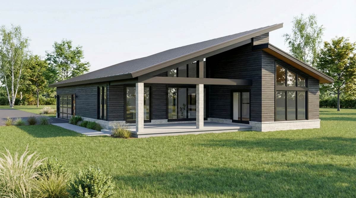 Modern house plan exterior featuring a prominent asymmetrical roofline, dark horizontal siding, large glass windows, and a covered porch.