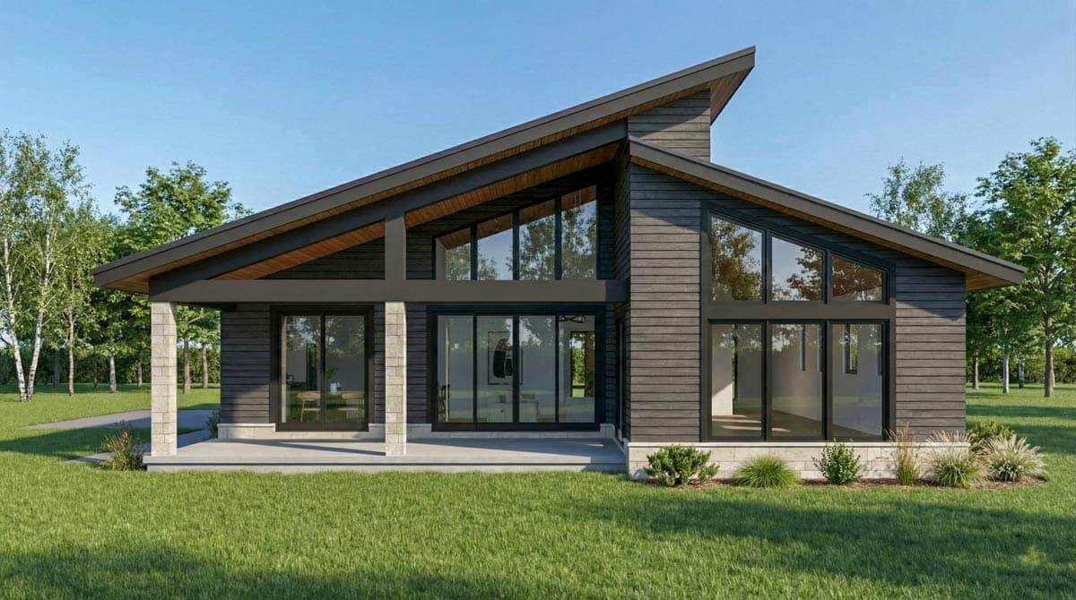Modern house plan exterior with a steeply pitched asymmetrical roofline, large windows, and covered entry with stone columns.