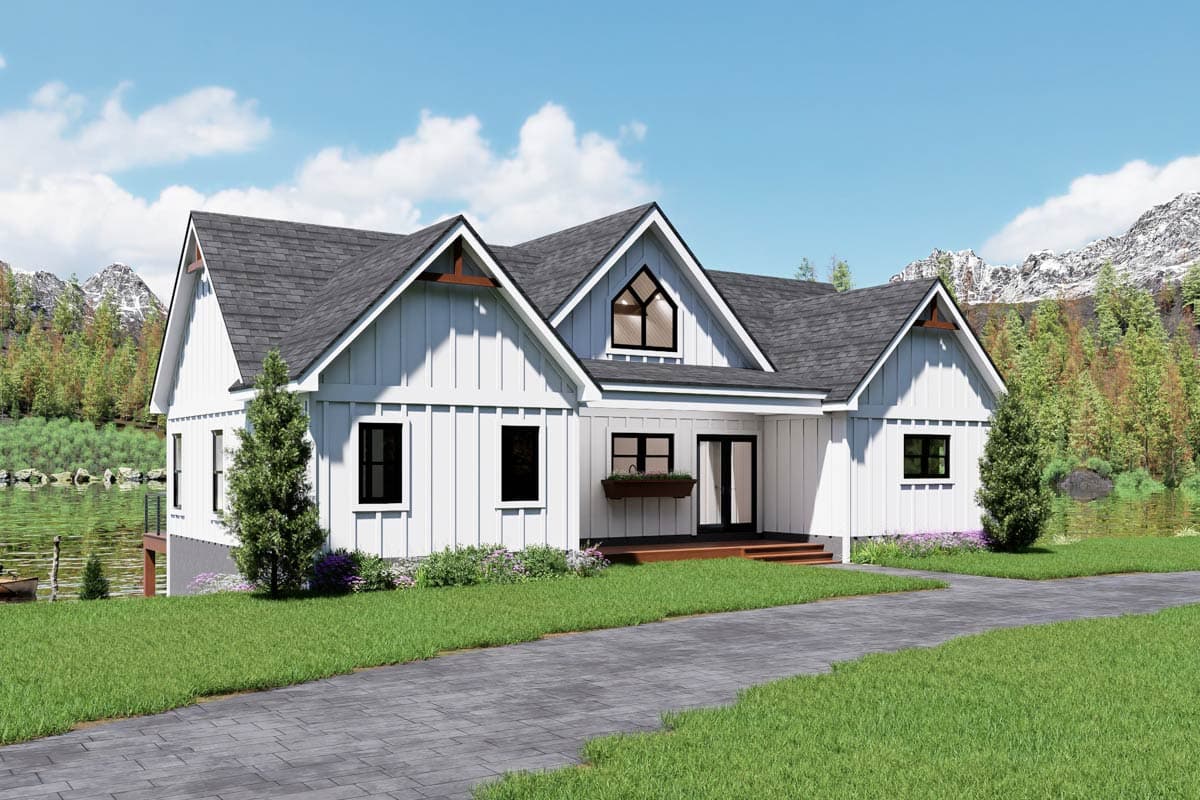 House plan exterior. Two-story Modern Farmhouse with gables, a covered porch, and a dormer window. Features include board and batten siding.