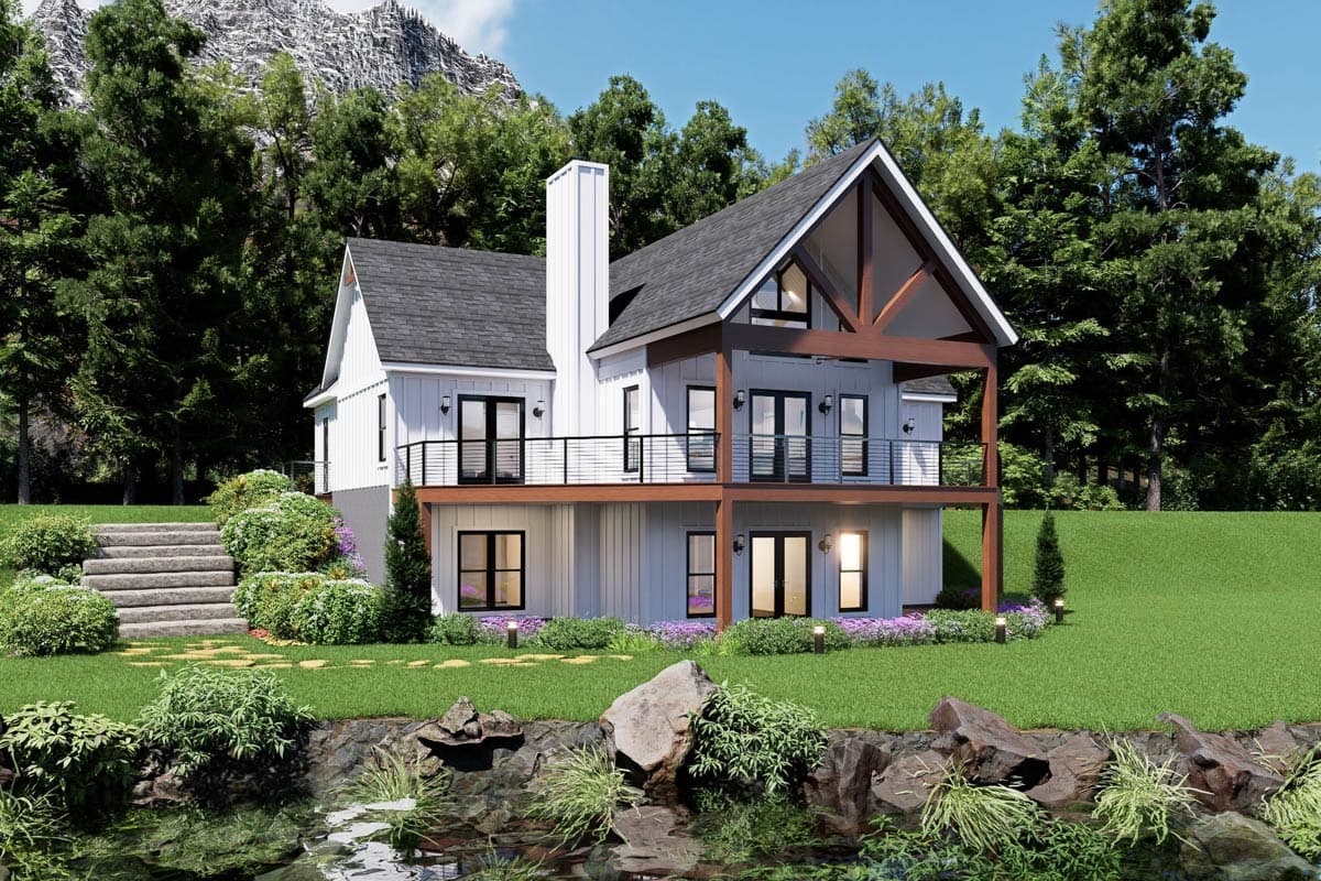 Modern Farmhouse house plan exterior with two stories, intersecting gables, expansive deck, and large chimney.