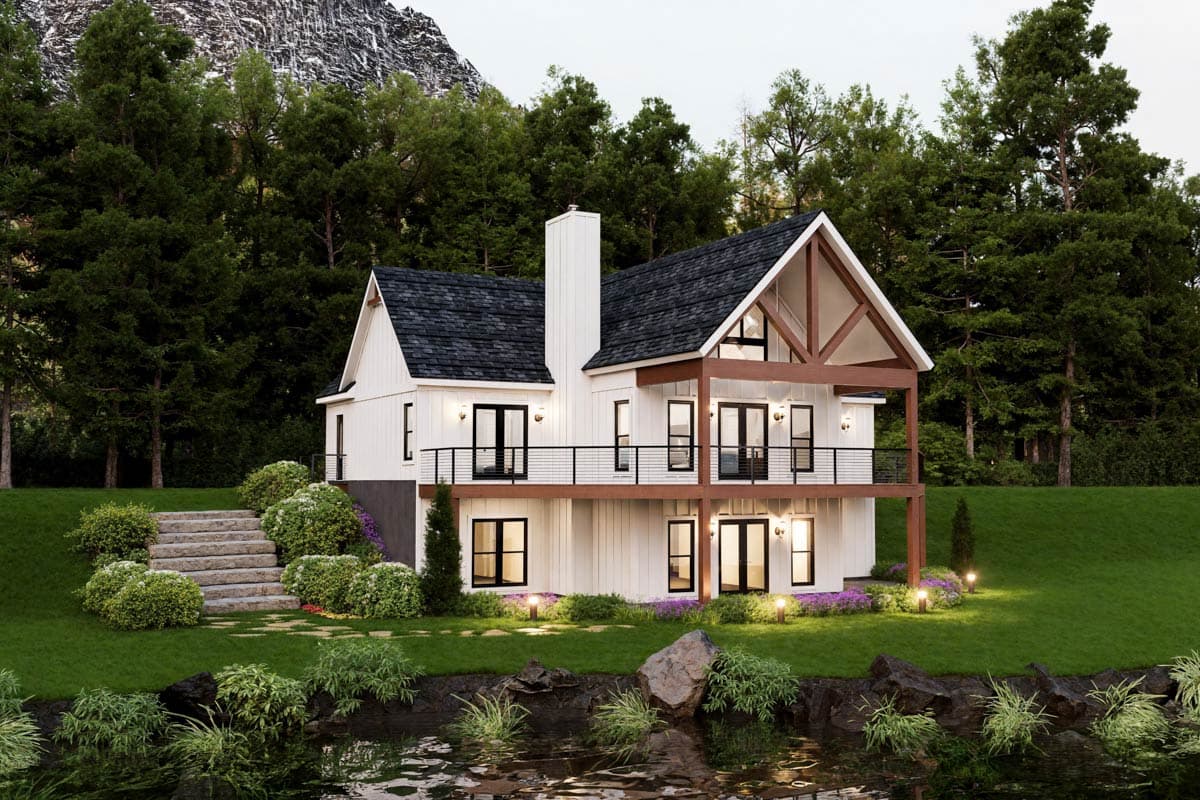 Modern Farmhouse house plan exterior, two stories, white board and batten siding, large gables, and a covered balcony.