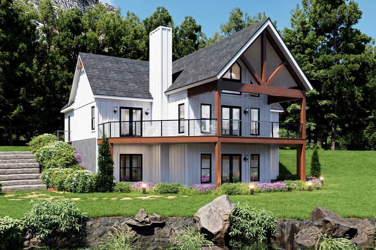 Modern farmhouse house plan exterior, two stories, board and batten siding, prominent gables, and wrap-around deck.