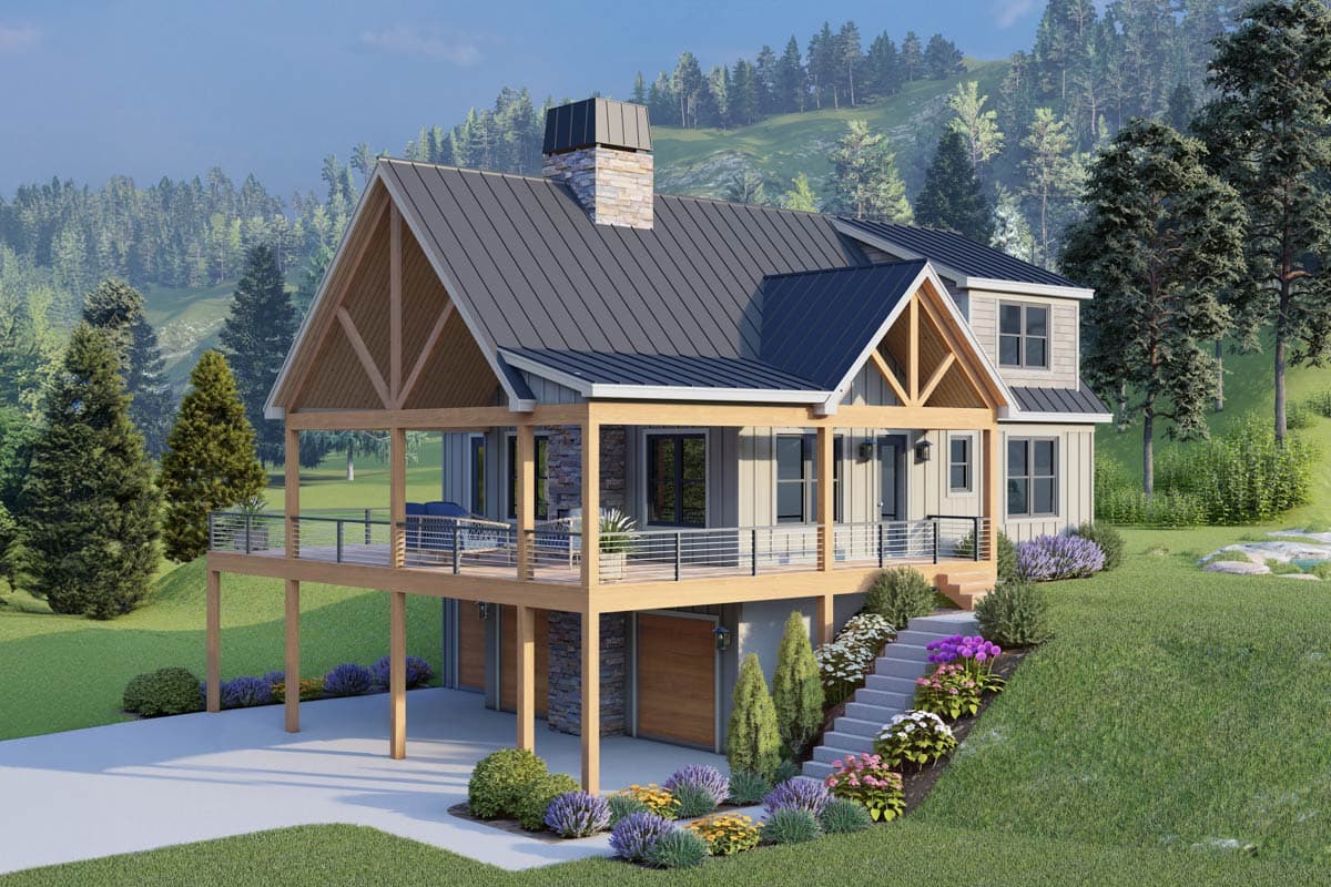 House plan exterior with two stories, a raised deck, exposed rafters, a metal roof, and a stone chimney.