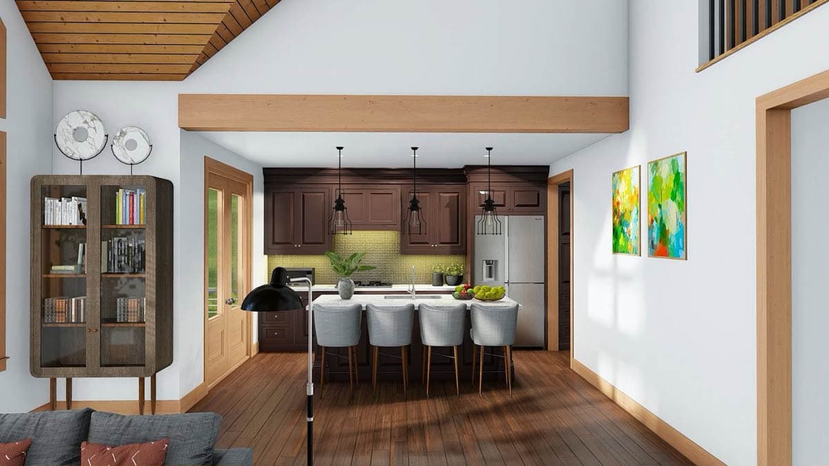 Open-concept living area with wood-paneled ceiling, island kitchen, and built-in bookcase.