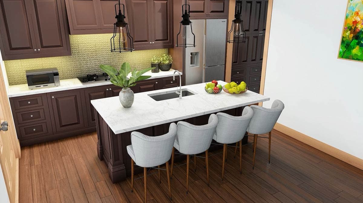 Interior rendering of a kitchen with dark wood cabinets, white marble island with sink, and pendant lighting.