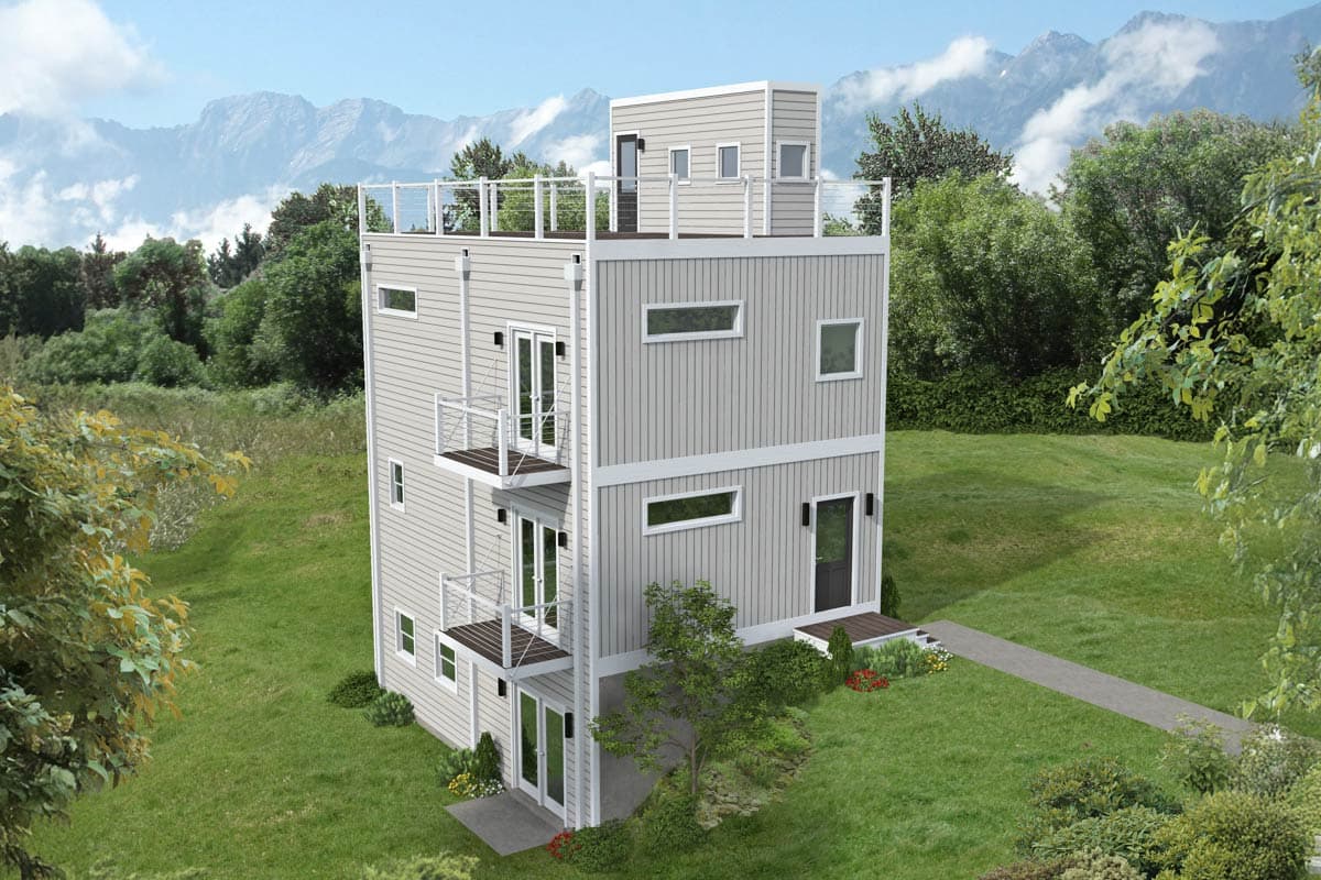 House plan exterior. Modern style, three stories, with multiple balconies and a rooftop deck. Includes horizontal windows and minimal ornamentation.