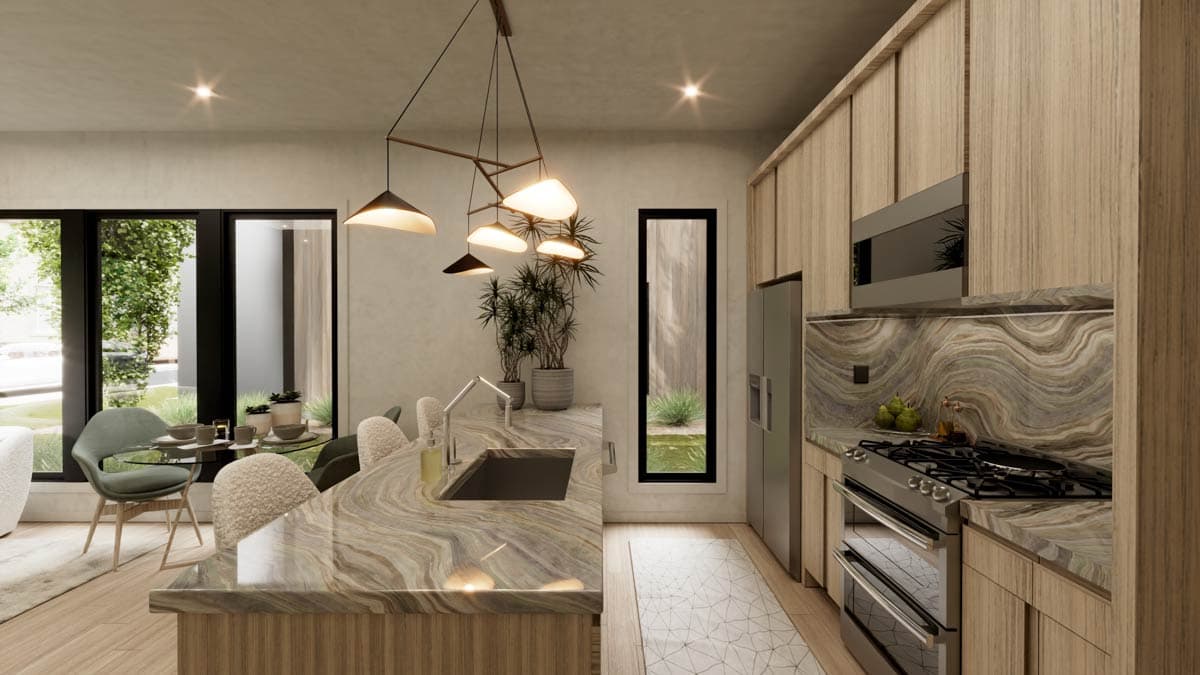 Modern kitchen and dining area with large island, natural wood cabinetry, stainless steel appliances, and extensive windows.