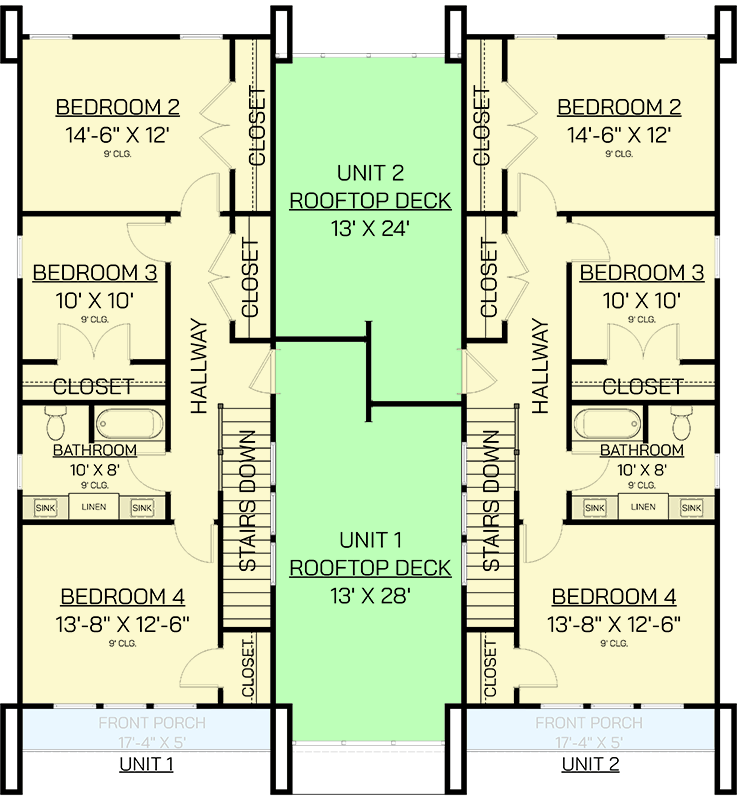 Plan 820010WSF: Modern Scandinavian Duplex House Plan with 8 Beds and Private Rooftop Decks - Floor Plan - 2nd Floor - Contemporary, Modern, Scandinavian