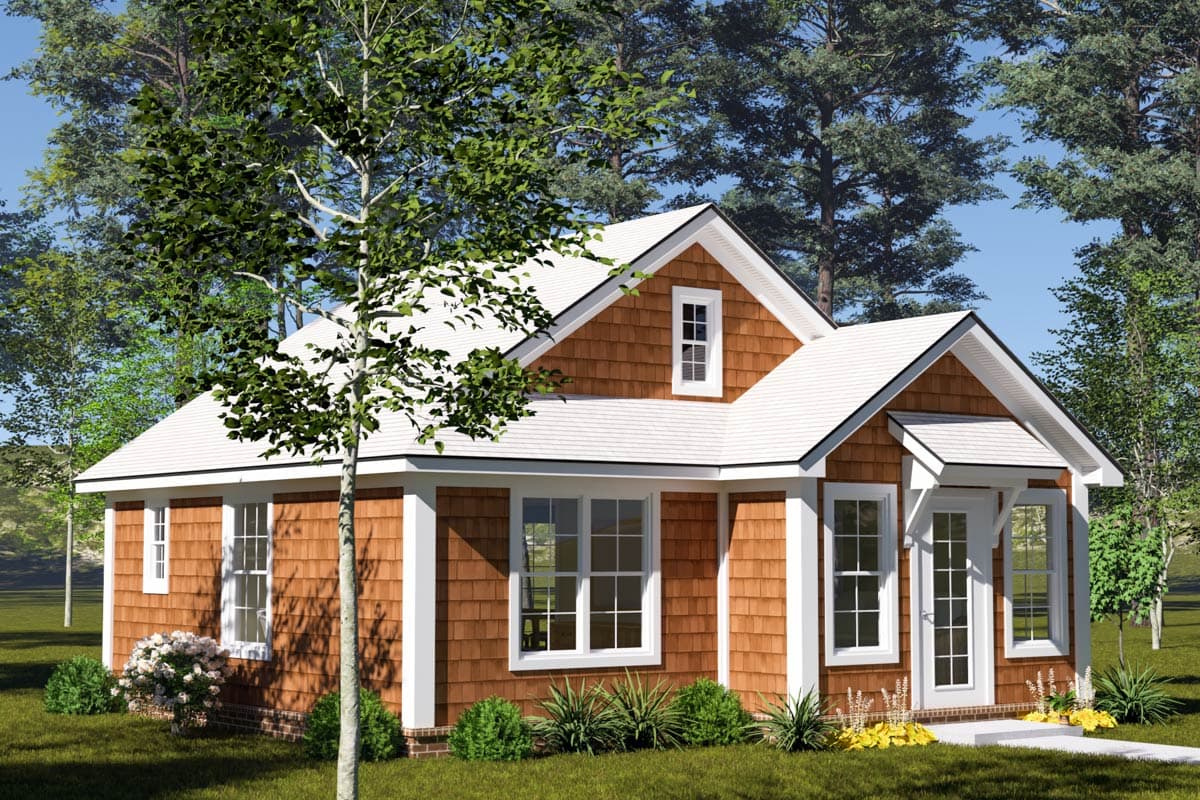 House plan exterior: One-and-a-half story, shingle siding, gable dormer, front entrance with small overhang, multiple windows.
