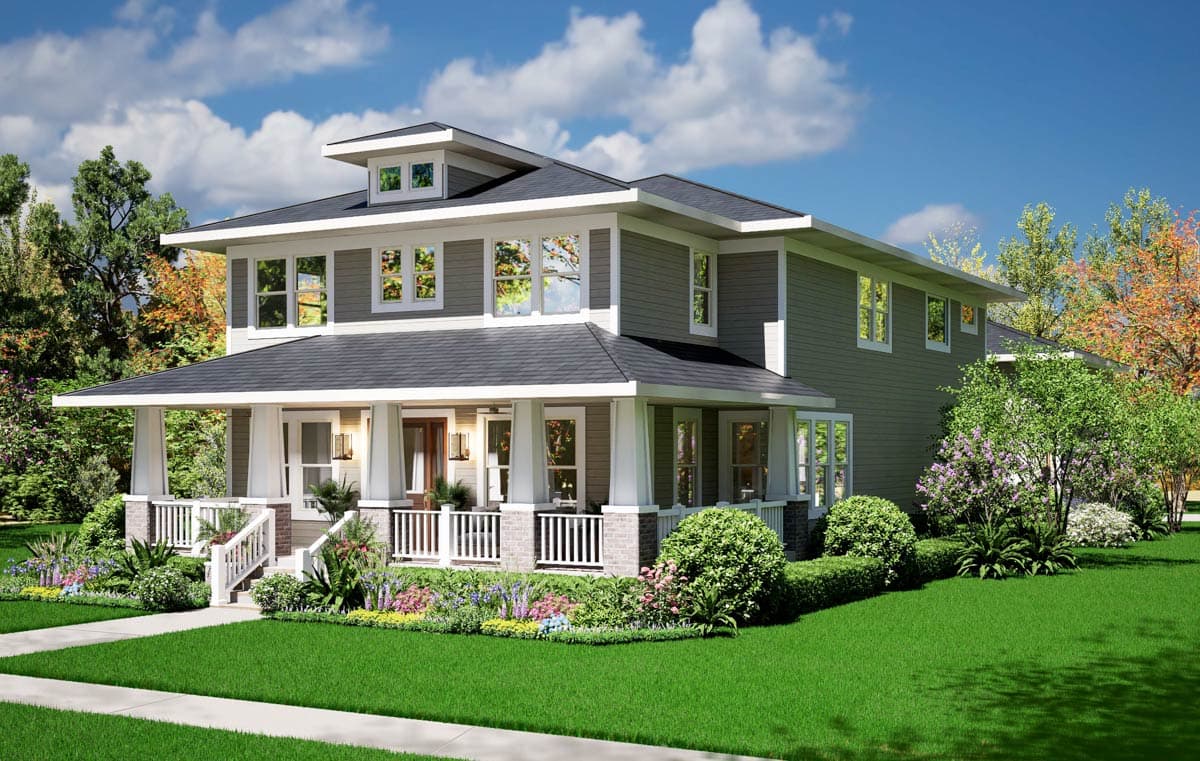 House plan exterior, two-story modern home with a wraparound porch, gabled dormer, and layered rooflines.