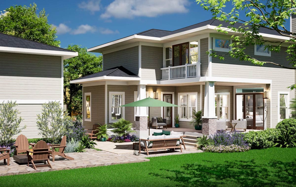 House plan exterior: Two-story modern home with covered patio, second-story balcony, and layered rooflines.