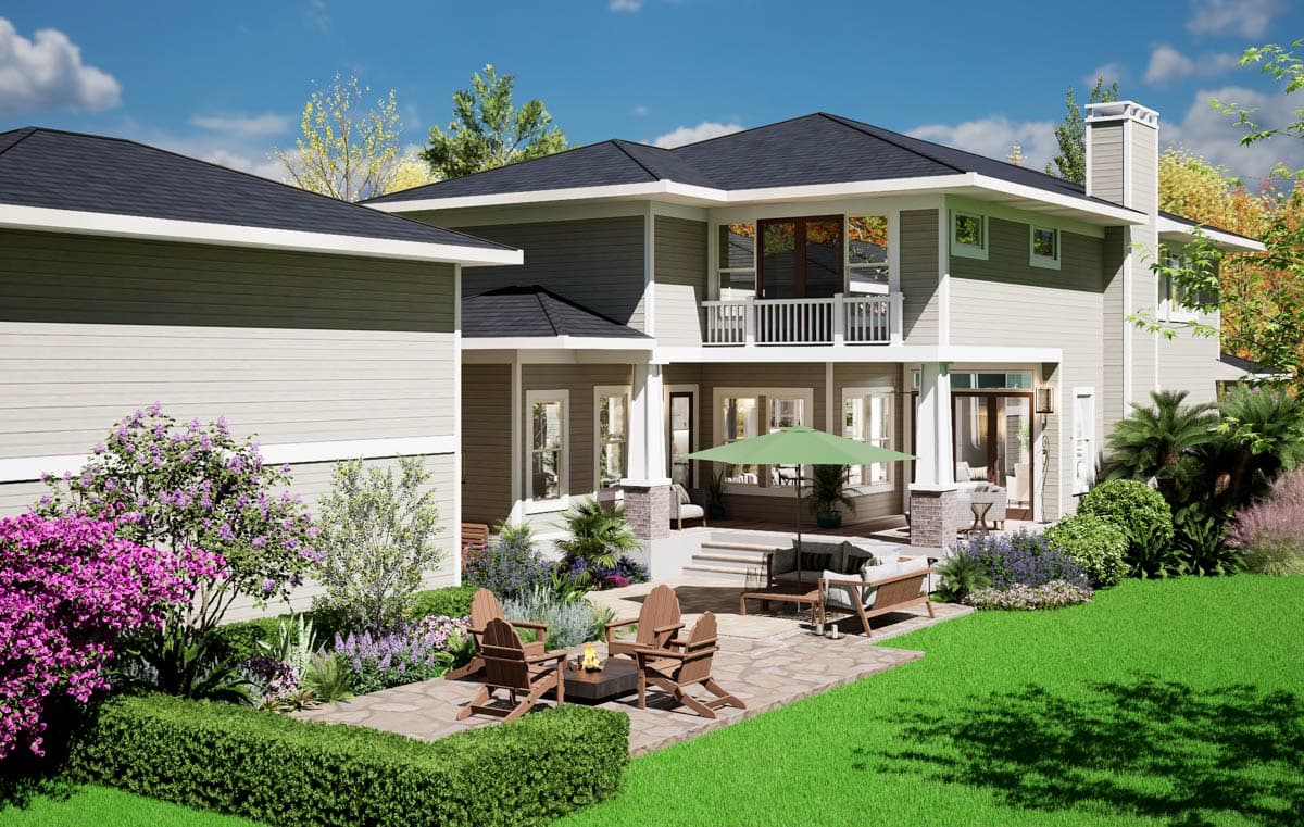 House plan exterior. Two-story home with a covered patio, second-story balcony, and stone chimney.